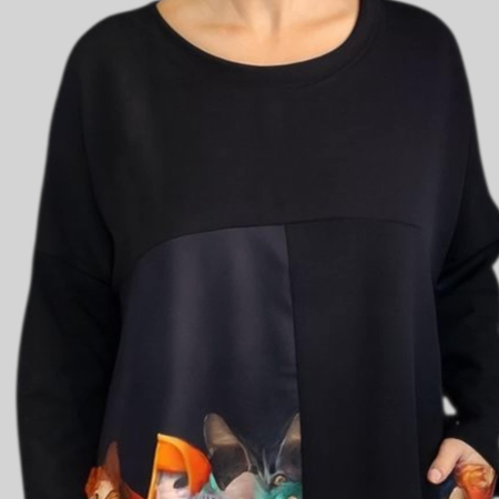 Rochie din bumbac cu imprimeu pisici multicolore si buzunar supradimensionat [4]