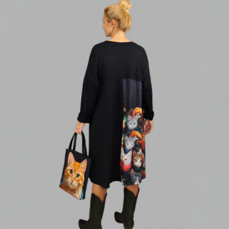 Rochie din bumbac cu imprimeu pisici multicolore si buzunar supradimensionat [2]