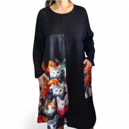 Rochie din bumbac cu imprimeu pisici multicolore si buzunar supradimensionat [1]