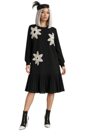 Rochii bumbac - Rochie din Bubac Neagra Tip Retro cu Volan Plisat si Flori Albe