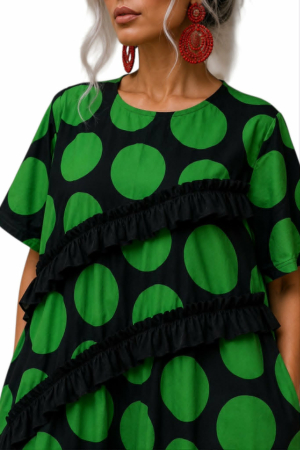 Rochie din bumbac negru si verde  cu buline si volane decorative [2]
