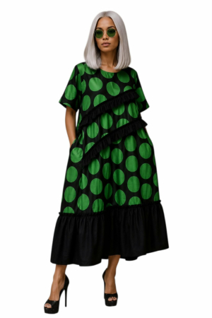 Rochii sezon cald - Rochie din bumbac negru si verde  cu buline si volane decorative