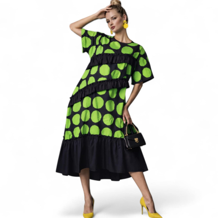 Rochii bumbac - Rochie din Bumbac pe Fond Negru cu Cercuri Verde Aprins