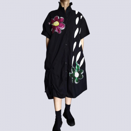 Rochii bumbac - Rochie din Bumbac pe Fond Negru cu Flori din Paiete Colorate