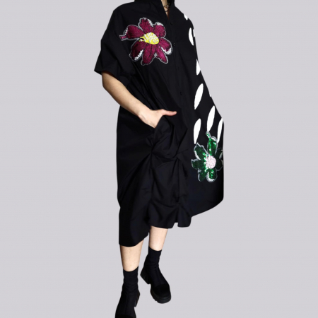 Rochie din Bumbac pe Fond Negru cu Flori din Paiete Colorate [1]