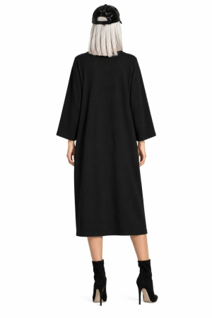Rochie din bumbac pe fond negru si funda supradimensionata ciclam [2]