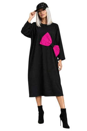 Rochii bumbac - Rochie din bumbac pe fond negru si funda supradimensionata ciclam
