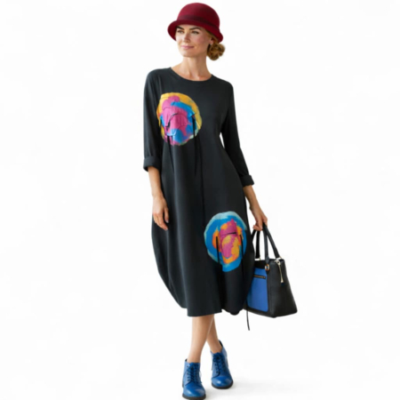 Rochii bumbac - Rochie din Bumbac pe Fond Negru Tip Desigual cu Maneca Lunga