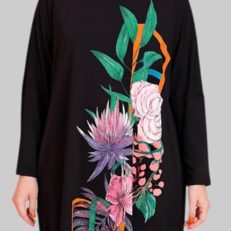 Rochie din Bumbac pe Fond Negru cu Imprimeu Floral [2]