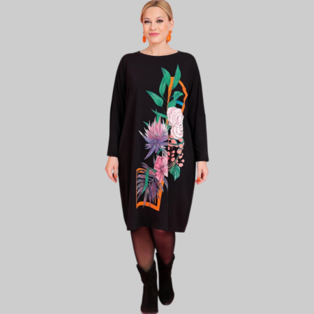Rochii sezon rece - Rochie din Bumbac pe Fond Negru cu Imprimeu Floral