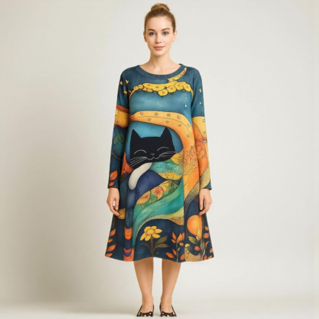 Promotii sezon rece - rochie-din-bumbac-pentru-sezon-rece-cu-imprimeu-pisica-neagra