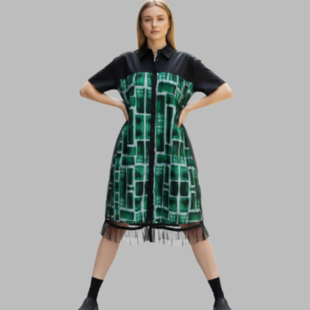 Rochie din Bumbac si Tulle Tip Camasa cu Buzunare Laterale Ascunse [1]