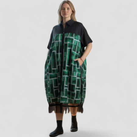 Rochii bumbac - Rochie din Bumbac si Tulle Tip Camasa cu Buzunare Laterale Ascunse