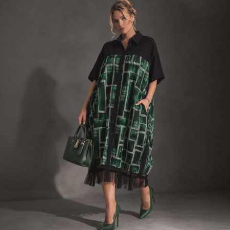 Rochii bumbac - Rochie din Bumbac si Tulle Tip Camasa cu Buzunare Laterale Ascunse