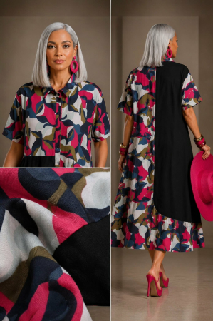 Rochie din bumbac tip camasa  cu imprimeu abstract si buzunare [3]