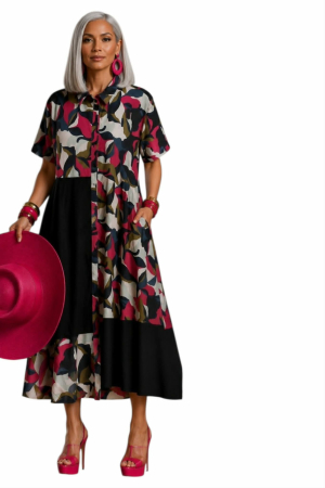 Rochii sezon cald - Rochie din bumbac tip camasa  cu imprimeu abstract si buzunare