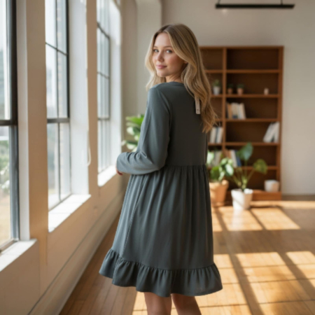 Rochie din bumbac verde kaki si volan pe partea din spate [1]