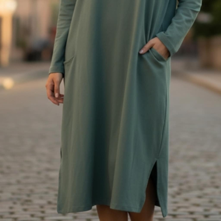 Rochie din bumbac verde kaki si volan pe partea din spate [2]