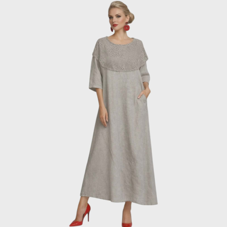 Imbracaminte - Rochie din in croi larg si guler din dantela crem inchis