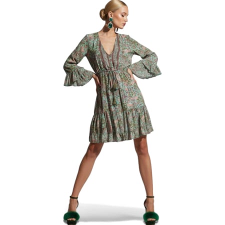 Promotii sezon cald - Rochie din Matase Indiana cu Decolteu Adanc si Elastic  in Talie