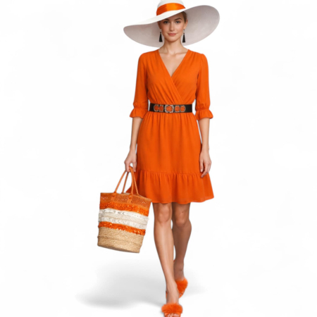 Rochii matase - Rochie din matase portocalie parte peste parte si volan la poale