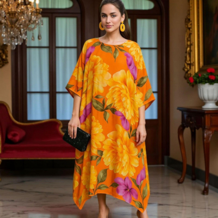 Rochii matase - Rochie din Matase si Vascoza tip Poncho cu Imprimeu Floral