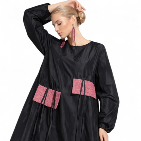 Rochie din tafta fosnitoare cu aplicatii si snururi in jurul taliei [2]