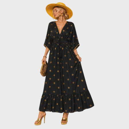 Imbracaminte - Rochie din vascoza maxi neagra cu paiete aurii pe partea din fata