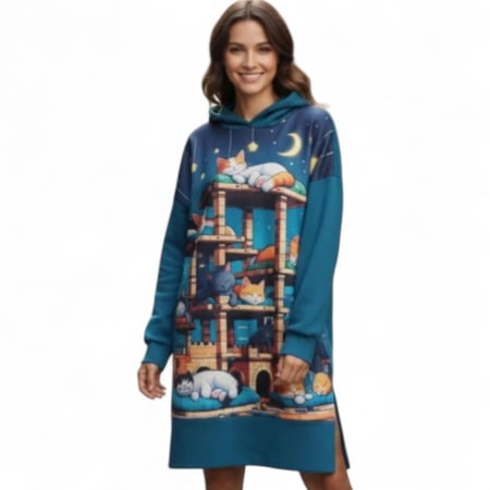 Rochii pisici toamna /iarna - Rochie Fond Albastru pentru Colanti Tip Hanoraccu Multe Pisici