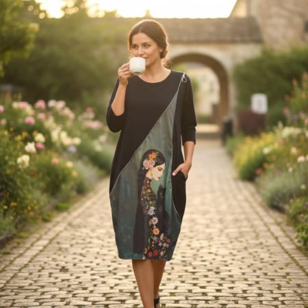 Rochii pisici toamna /iarna - rochie-in-forma-de-lalea-cu-desen-fetita-si-pisica-neagra-scumpa