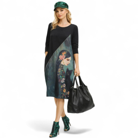 Multe  chestii pisicoase - rochie-in-forma-de-lalea-cu-desen-fetita-si-pisica-neagra-scumpa