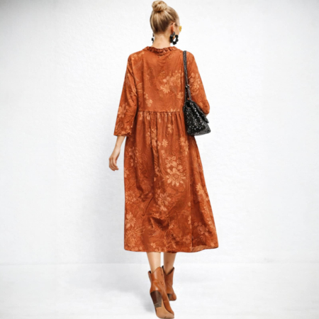 Rochie lejera din bumbac caramizie cu imprimeu floral si paiete [1]