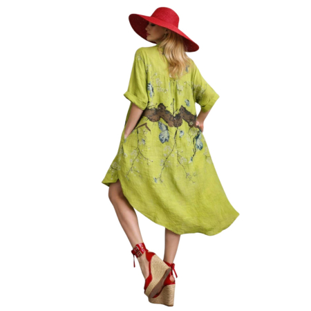 Rochie Lunga Asimetrica din In Tip Camasa cu Imprimeu Floral [2]