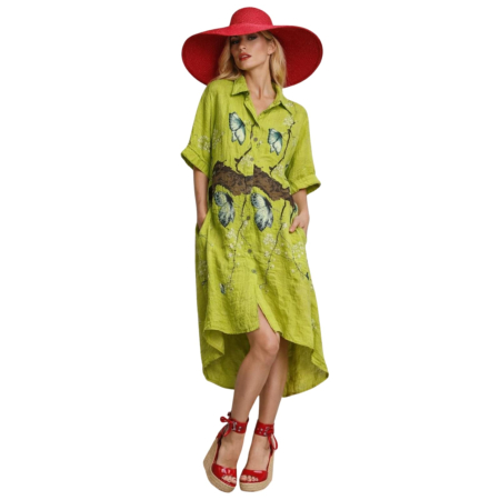 Rochii in - Rochie Lunga Asimetrica din In Tip Camasa cu Imprimeu Floral