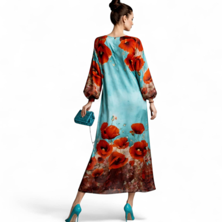Rochie Lunga Asimetrica din Matase si Vascoza cu Imprimeu Maci Supradimensionat [1]