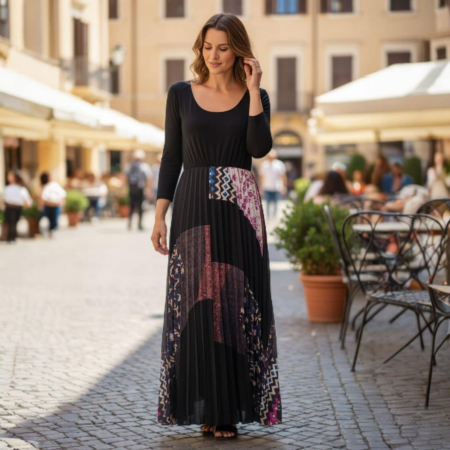 Rochii poliester & rochii satin - rochie-lunga-asimetrica-plisata-cu-modele-colorate-pe-partea-din-fata