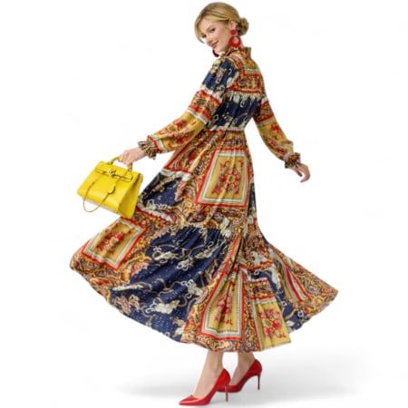 Promotii sezon cald - rochie lunga croi larg pe gat si imprimeu colorat