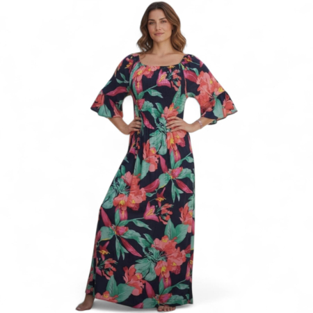 Rochii bumbac - rochie lunga de vara cu insertie din elastic la bust