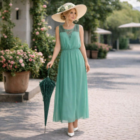 Rochii lycra & poliester & voal - rochie-lunga-de-vara-din-voal-cu-tulle-la-decolteu