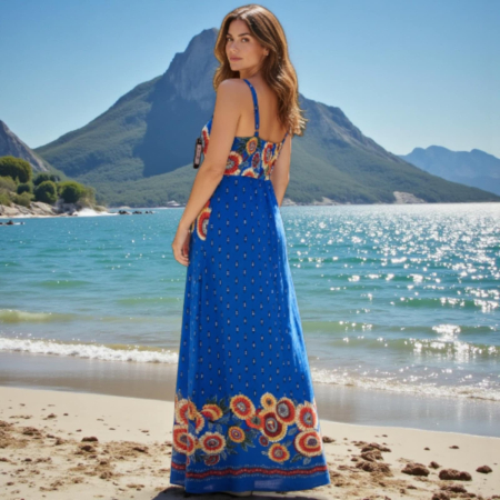 Rochie lunga din bumbac cu  imprimeu floral si bretele piele ecologica [1]