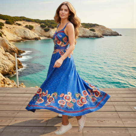 Rochii bumbac - Rochie lunga din bumbac cu  imprimeu floral si bretele piele ecologica