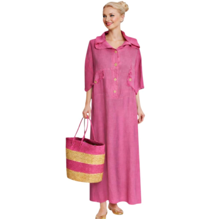 Rochii in - Rochie Lunga din In Tip Hanorac cu Nasturi pe Partea din Fata