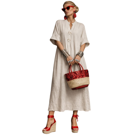 Rochii in - Rochie lunga din in tip tunica cu aplicatii macrame la decolteu