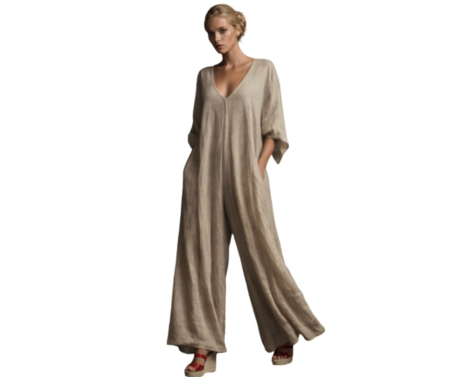 Salopeta crem  croi larg din in cu decolteu in V cu maneci [3]