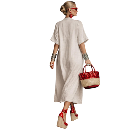 Rochie lunga din in tip tunica cu aplicatii macrame la decolteu [1]