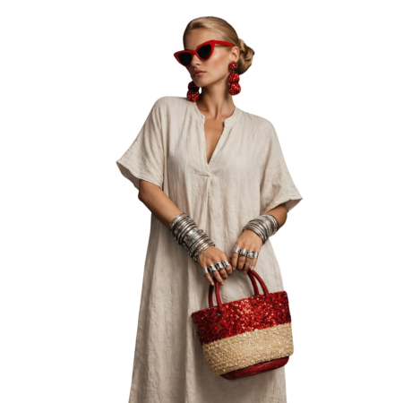 Rochie lunga din in tip tunica cu aplicatii macrame la decolteu [2]