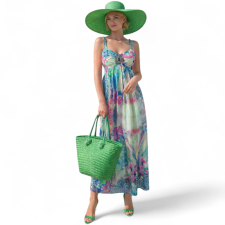 Promotii sezon cald - Rochie Lunga Din lycra cu Vretele si Brosa Detasabila la Piept