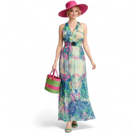 Rochii lycra & poliester & voal - Rochie Lunga din Lycra cu Brosa la Bust si Plasa Elastica la Spate