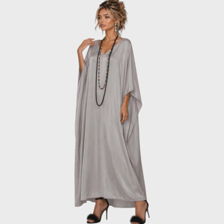 Rochii matase - Rochie lunga din matase gri tip poncho