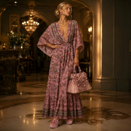 Rochii matase - Rochie lunga din matase indiana boho chic si imprimeu floral